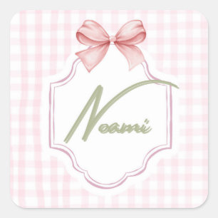 Personlig Naomi Flicka Nursery Bow&Gingham Fyrkantigt Klistermärke