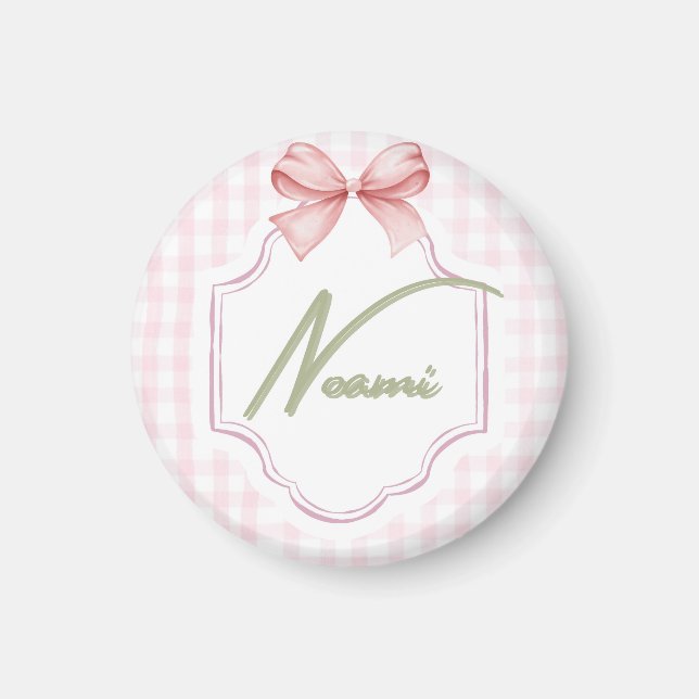 Personlig Naomi Flicka Nursery Bow&Gingham Magnet (Framsidan)