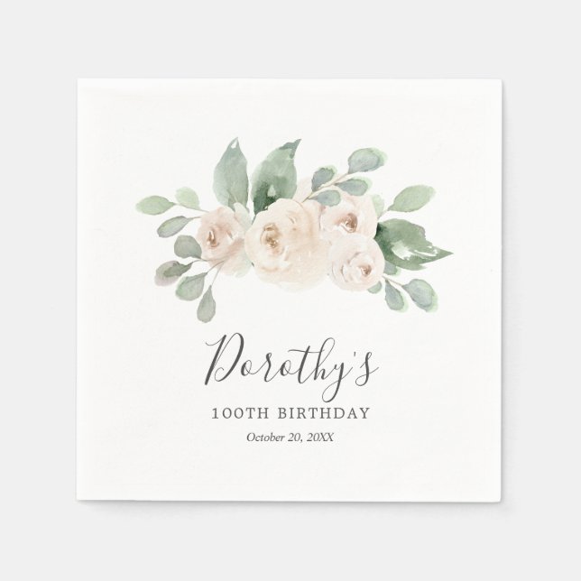 Personlig Napkins 100:e födelsedagen Vit ros Pappersservett (Framsidan)