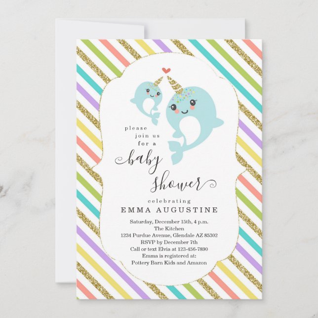 Personlig Narwhited Baby Shower Unisex Inbjudningar (Framsida)