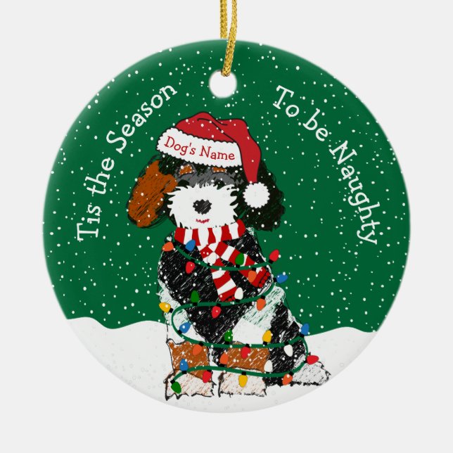 Personlig Naughty Bernedoodle Julgransprydnad Keramik (Framsidan)