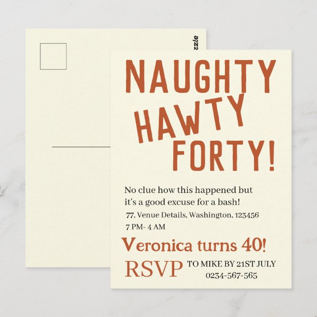 Personlig naughty hawty fyrtio rolig födelsedag  vykort (Fram/baksida)
