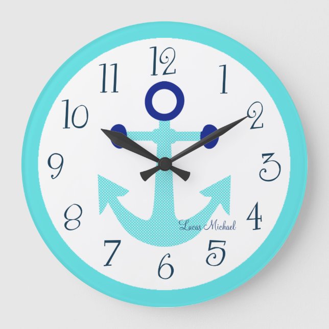 Personlig Nautical Aqua Anchor Nursery Clock Stor Klocka (Framsida)