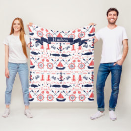 Personlig Nautical Coral Navy Whale Rope Banner Fleecefilt