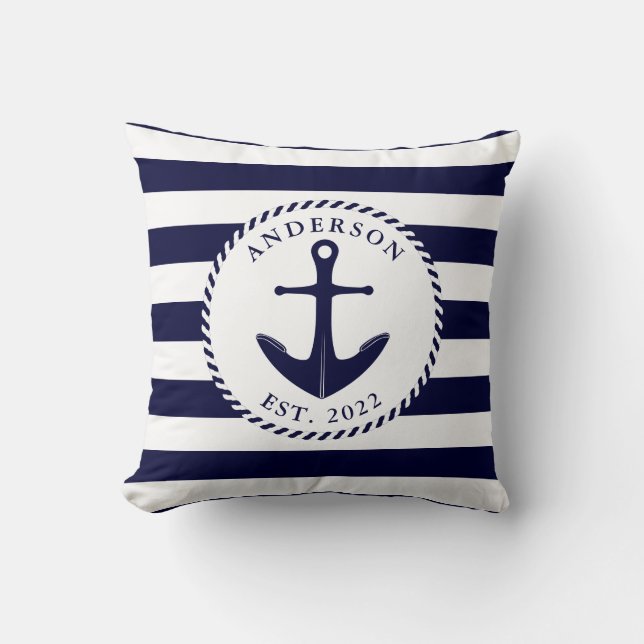 Personlig Nautical Navy Blue Anchor and Rope Kudde (Framsida)