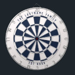 Personlig Nautical Navy Blue and White Darttavla<br><div class="desc">Navigationsblått och vitt ritbord med egen anpassningsbar överst och grund. Med en vrid på den klassiska stil-ritytan har den här roligten ett off-white och marinblått färg-schema som fungerar bra med många hemdekaner stilar för en modern tvist.</div>