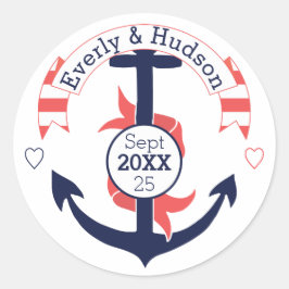 Personlig Nautical Navy Coral Bröllop Anchor Runt Klistermärke