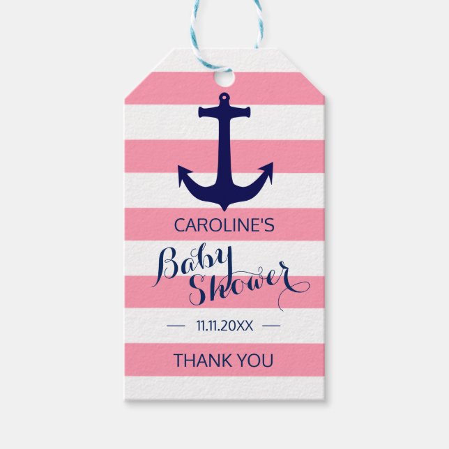 Personlig Nautical Rosa Anchor Baby Shower Presentetikett (Framsidan)