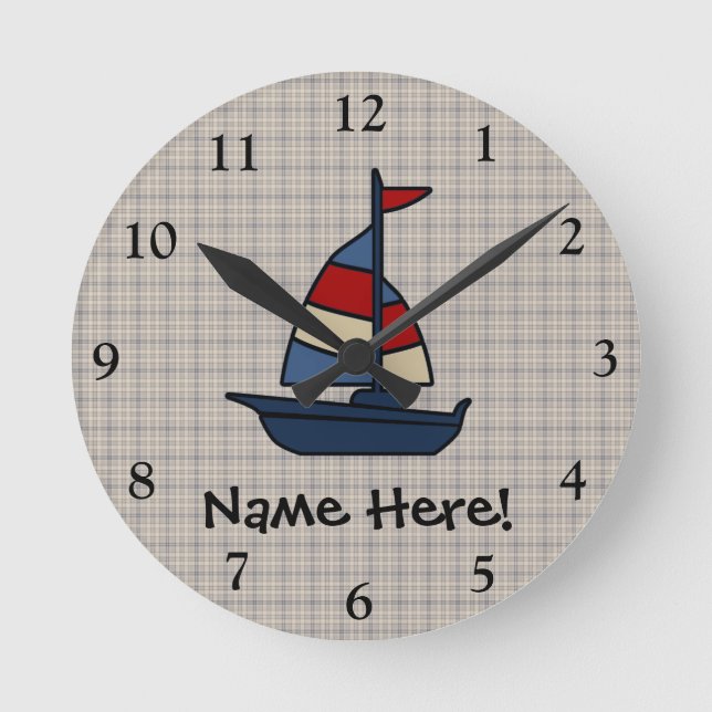 Personlig Nautical Sailboat Blue/Tan Boy's Rund Klocka (Framsida)