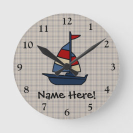 Personlig Nautical Sailboat Blue/Tan Boy's Rund Klocka