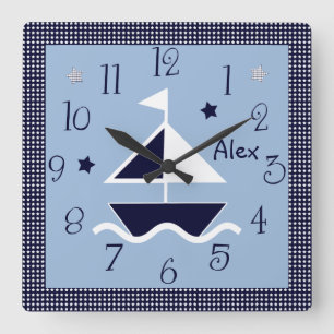Personlig Nautical Sailboat & Stars Cute Clock Fyrkantig Klocka