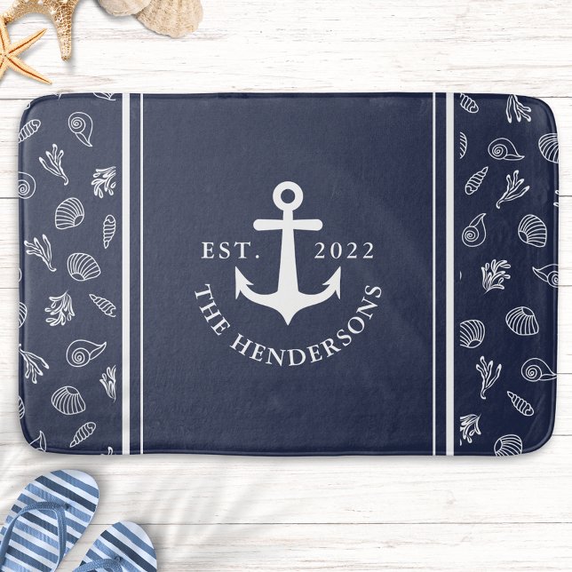 Personlig Nautical White Navy Blue Anchor Badrumsmatta (Personalized Nautical Navy Blue Bath Mat with a White Anchor )