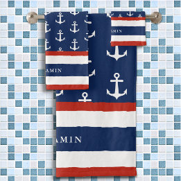 Personlig Nautical White Red Navy Blue Anchor