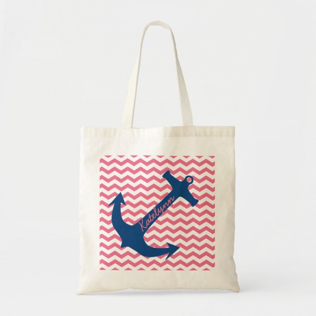Personlig Navy Anchor & Rosa Zigzag Tote Bag Tygkasse (Framsidan)