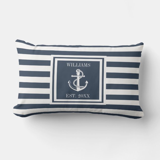 Personlig Navy Blue Namn Rand Nautical Anchor Lumbarkudde (Framsida)