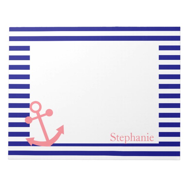 Personlig Navy Blue och  Rosa Nautical Anteckningsblock (Framsida)