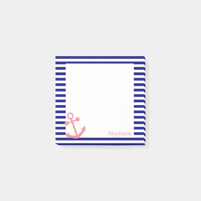 Personlig Navy Blue och  Rosa Nautical Post-it Block (Framsida)
