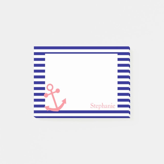 Personlig Navy Blue och  Rosa Nautical Post-it Block (Framsida)