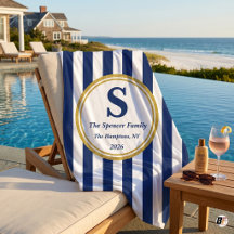 Personlig Navy Cabana-randig guldmonogram Fami