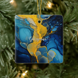 Personlig Navy och Guld Alcohol Bläck Fluid Art Julgransprydnad Keramik