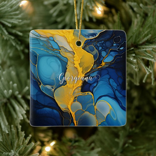 Personlig Navy och Guld Alcohol Bläck Fluid Art Julgransprydnad Keramik (Träd)