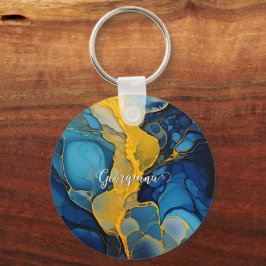 Personlig Navy och Guld Alcohol Bläck Fluid Art Nyckelring