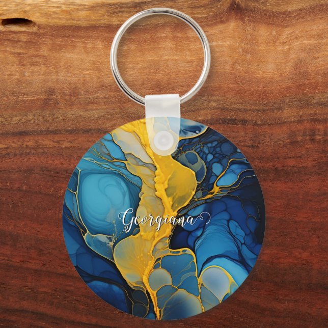Personlig Navy och Guld Alcohol Bläck Fluid Art Nyckelring (Framsida)