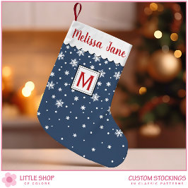 Personlig Navy Snöflingor Monogram Liten Julstrumpa
