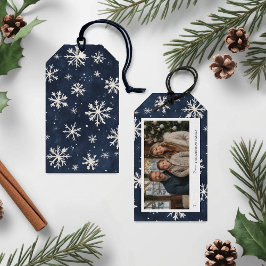 Personlig Navy Snowflake-julfoto Presentetikett