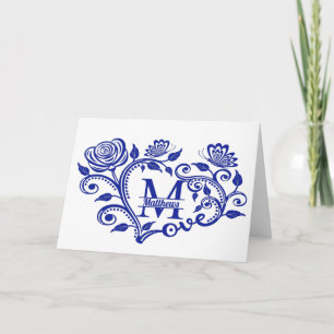 Personlig Navyblå Blommig Monogram M Kort