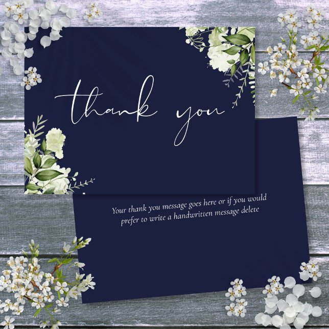 Personlig Navyblå Grönsak Elegant Skrift Tack Kort (Personalized Navy Blue Greenery Elegant Script Thank You Card)