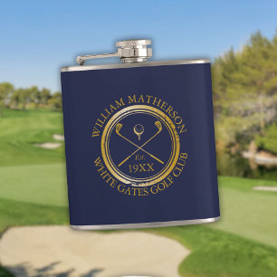 Personlig Navyblå Och Guld Golfklubb Namn Fickplunta