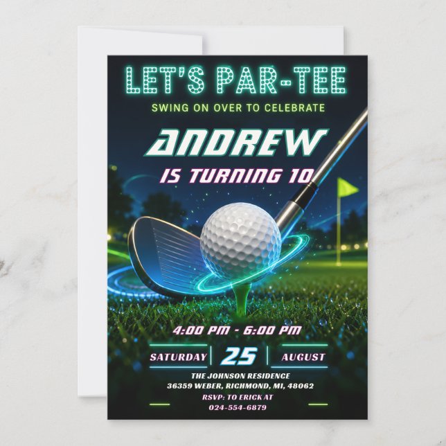 Personlig Neon Golf Födelsedag Inbjudningar (Framsida)