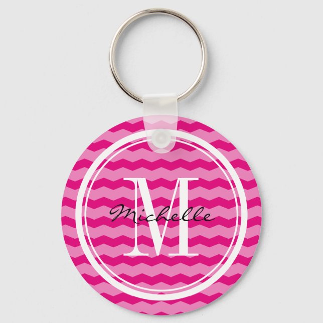 Personlig  Neon rosa chevron monogram nyckelring (Framsida)