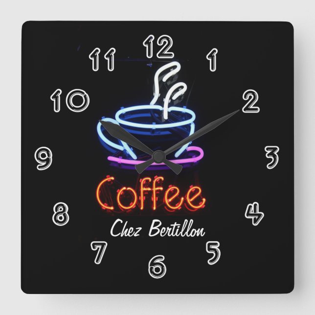 Personlig neon skylt för kaffekafé fyrkantig klocka (Framsida)