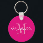 Personlig neonrosa monogramknapp nyckelring<br><div class="desc">Neonrosa och vit namnmonogram rund knapp nyckelring. Klassisk skrifttypografi och anpassad bakgrundsfärg. Elegant nyckelringsdesign för kvinnor och flickor. Monogrammerad med din egen unika namninitial. Söt bröllopspresent eller födelsedagspresentidé. Även trevlig för bröllopsfest,  återförening,  möhippa,  tjejvecka osv.</div>