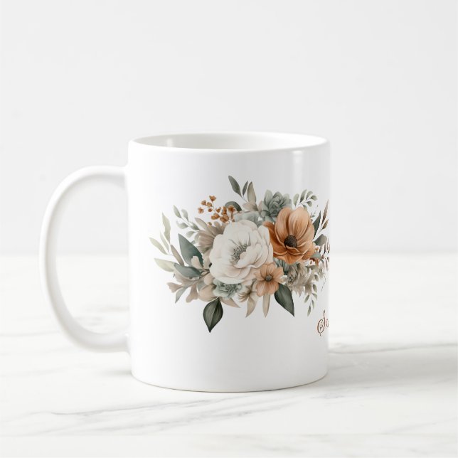 Personlig neutral akvarellblomsterbukett  kaffemugg (Vänster)