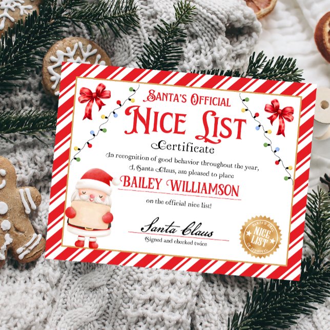 Personlig Nice-certifikat från Jultomten (Nice List Official Santa Claus Certificate )