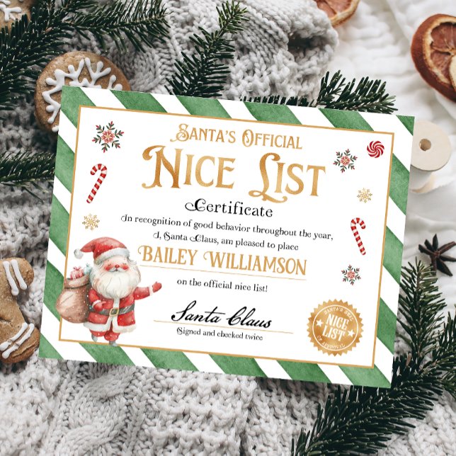 Personlig Nice-certifikat från Jultomten (Nice List Official Santa Claus Certificate )