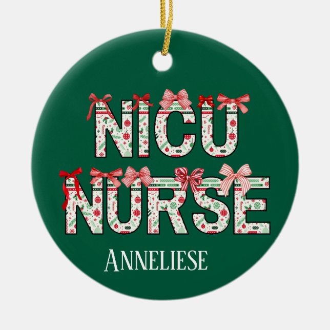 Personlig NICU Nurse jul Coquette Bow Julgransprydnad Keramik (Framsidan)