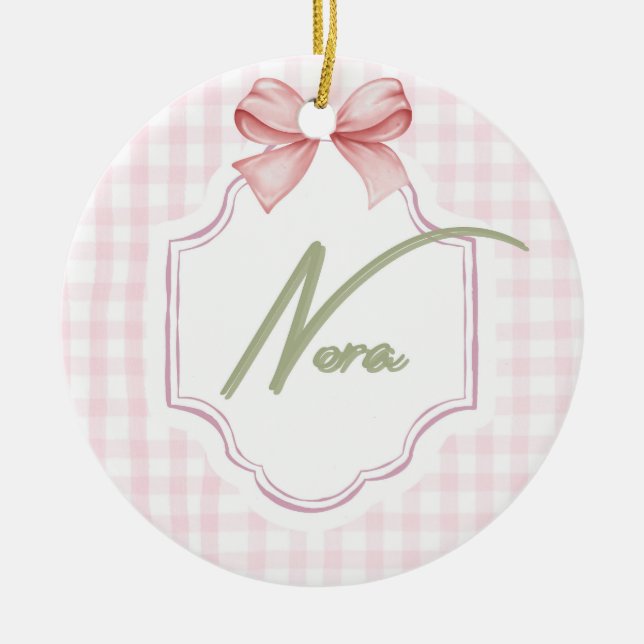 Personlig Nora Flicka Nursery Bow&Gingham Julgransprydnad Keramik (Framsidan)