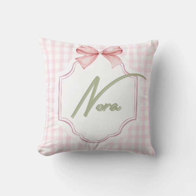 Personlig Nora Flicka Nursery Bow&Gingham Kudde (Framsida)