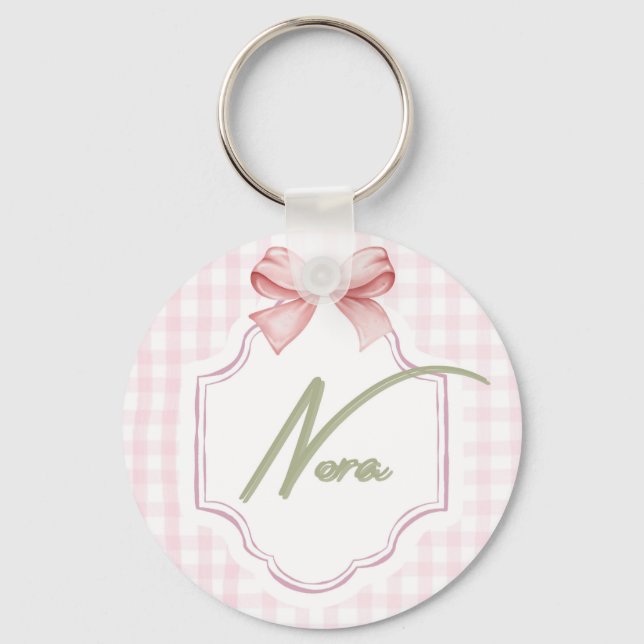 Personlig Nora Flicka Nursery Bow&Gingham Nyckelring (Framsida)