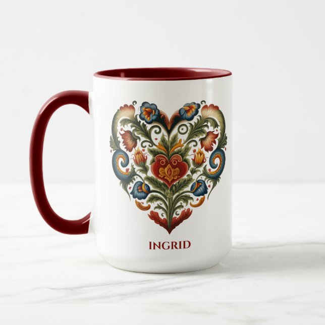 Personlig Norsk Rosemaling Folk Art Heart Mugg (Vänster)
