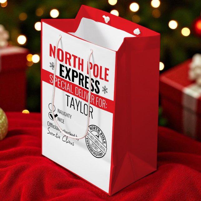 Personlig North Pole Express-leverans jul (Personalized North Pole Express Delivery Christmas Medium Gift Bag
 by Ricaso. Add recipients name)