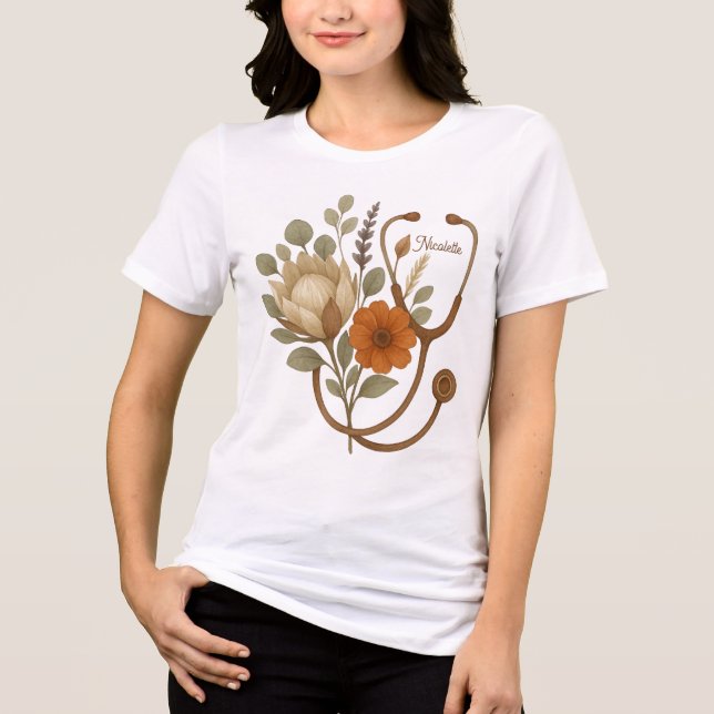 Personlig Nurse Boho Blommigt Stethoscope T Shirt (Framsida)