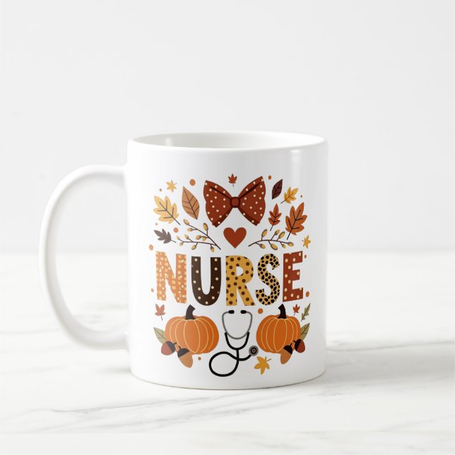 Personlig Nurse - Cute Pumpkin & Höst löv Kaffemugg (Vänster)