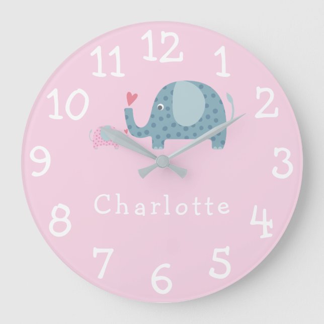 Personlig Nursery Polka Dot Elephants Stor Klocka (Framsida)