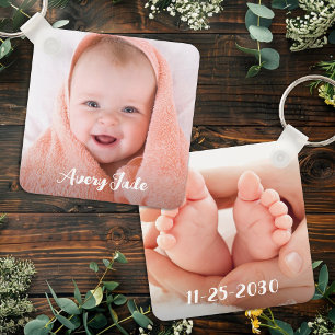 Personlig Nyfödd Baby Photo Namn och födelsedag Nyckelring