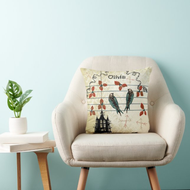 Personlig Nyfödd bebis Flickans rum Cute Birds Kudde (Stol)